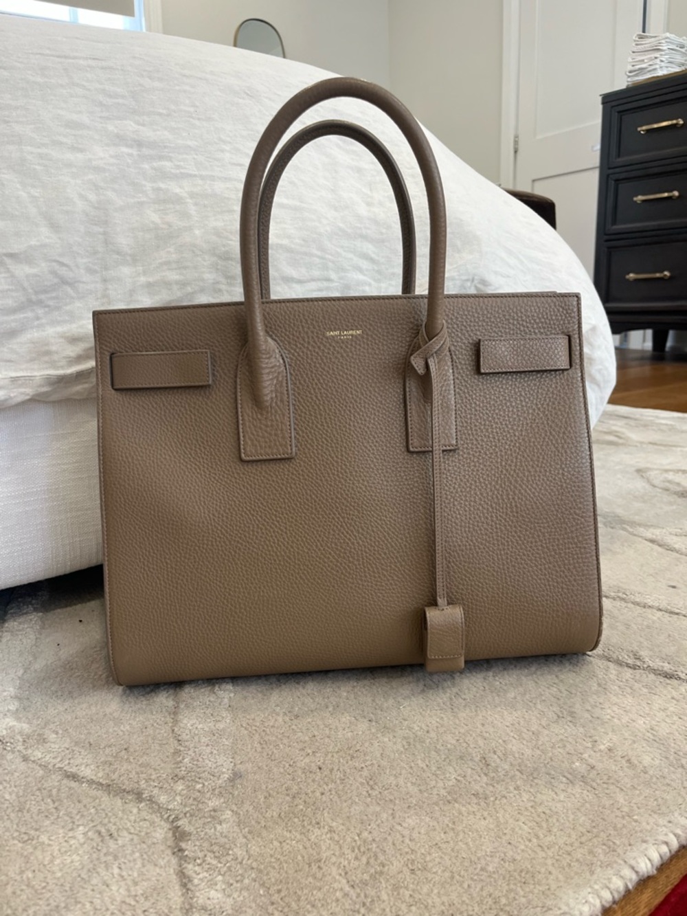 Saint Laurent Brown Taupe Structured Leather Briefcase Tote